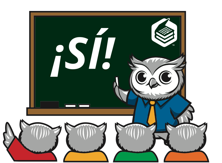 benny the owl mascot teaching the espanol library icon on a chalkboard to student owls