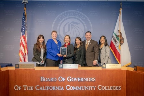 (From L to R: Chancellor Sonya Christian, ASCCC President Cheryl Aschenbach, Coalinga OER Librarian Heather M. Evans, Board President Hildegarde B. Aguinaldo, Board Vice President Bill Rawlings, Deputy Chancellor Rowena M. Tomaneng)